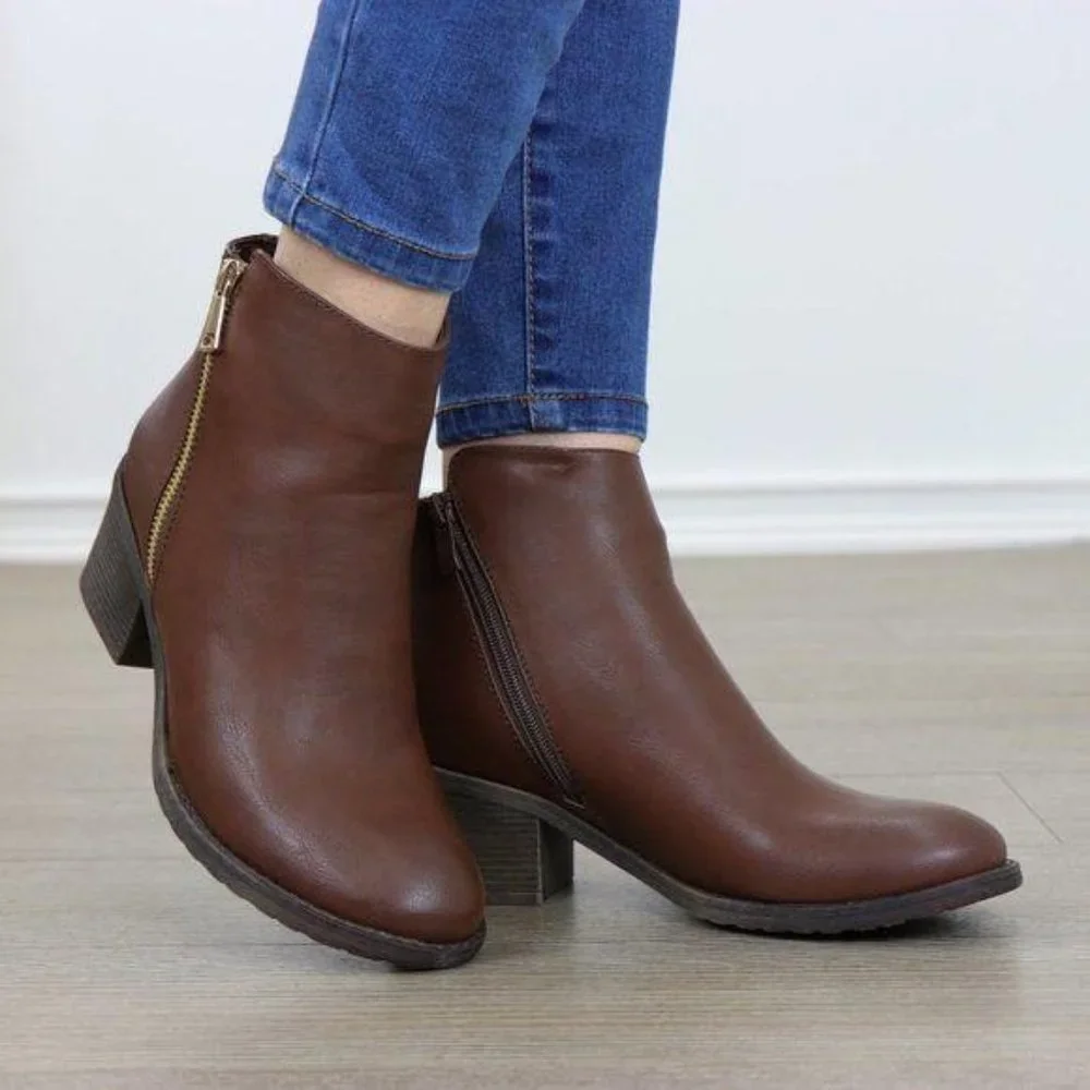 Brown Faux Leather Ankle Boots W/ Gold Zipper Block Heel - Picture 5 of 8